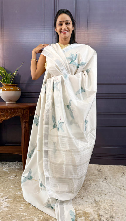 Mangalagiri silk saree with thired embroidery buties with silver border- whitegrey