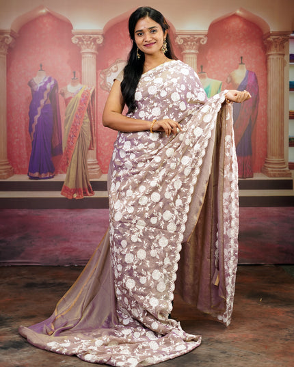 Tissue Georgette All Over Chicken Kari Work with Scallop Border - Brown