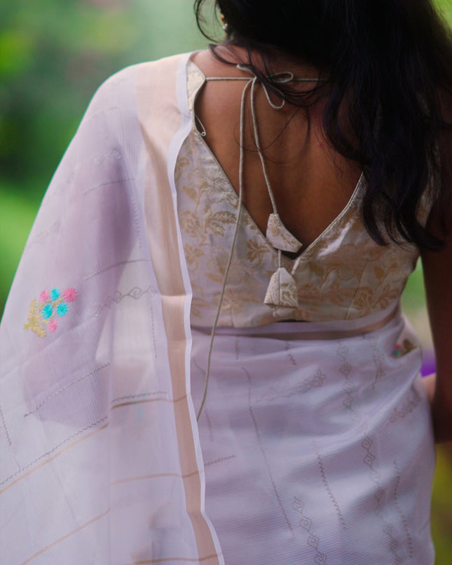 Mangalagiri Silk With Thread Embroidery Work and Silver Zari Border - White