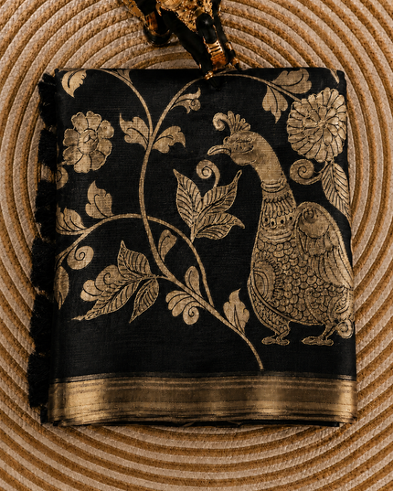 Kora Tusser kalmkari Sarree  With  Dori work and  Golden Border-  Black