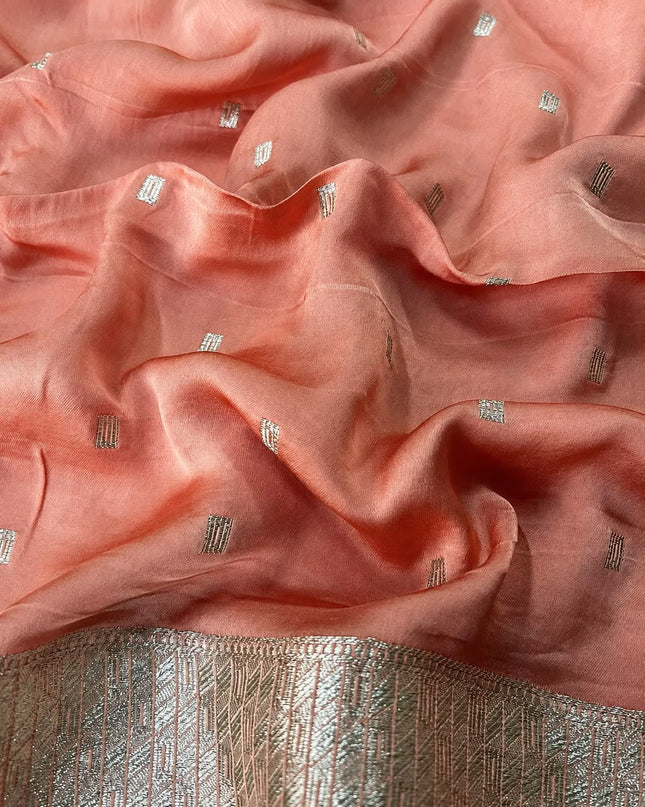 Mashru Banaras Saree with Gold & Silver Buttes and Silver Zari Border  - Coral