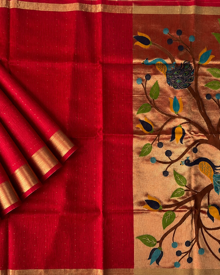 Jute Tusser Saree  with All over Sequence Work and Golden Border - Red