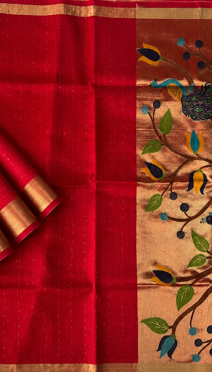 Jute Tusser Saree  with All over Sequence Work and Golden Border - Red