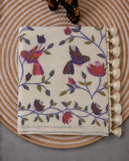 Jamdani saree with Allover Floral Design with Tassels -  Cream & Blue