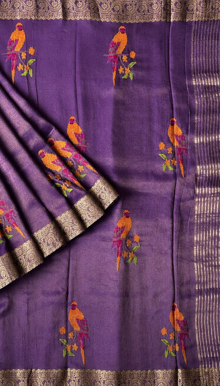 Tissue Banaras saree  with petti point work and Golden Border -  Light violet
