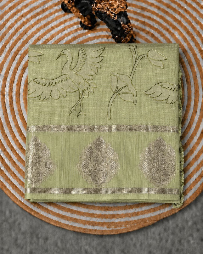 Kora Kota Saree with Applique work and Gap Border - Green