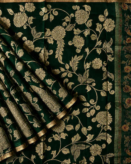Kora Tusser kalmkari Sarree  With  Dori work and  Golden Border-  Bottle green