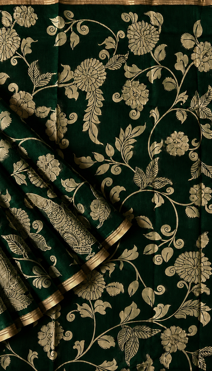 Kora Tusser kalmkari Sarree  With  Dori work and  Golden Border-  Bottle green