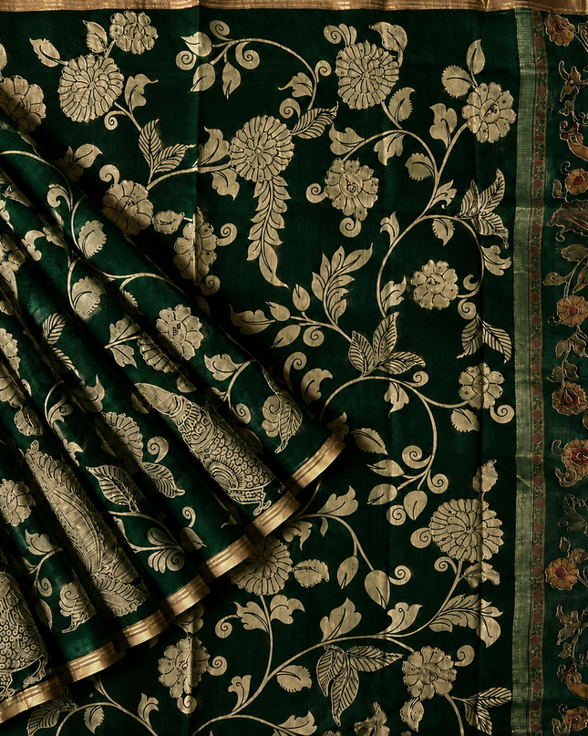 Kora Tusser kalmkari Sarree  With  Dori work and  Golden Border-  Bottle green