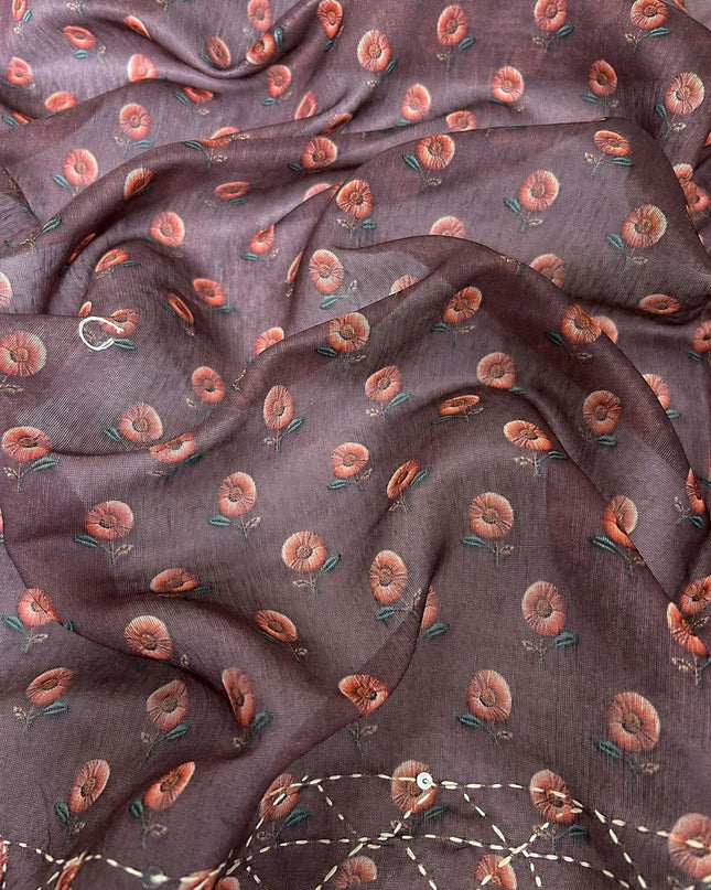 Chanderi Saree With Floral and Kantha Work and  Contrast Border- Beige