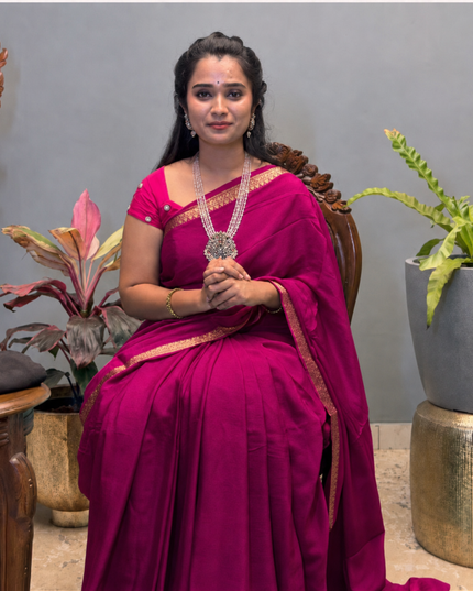 Crepe Saree with Golden Zari contrast Border -Rani Pink