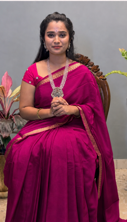 Crepe Saree with Golden Zari contrast Border -Rani Pink
