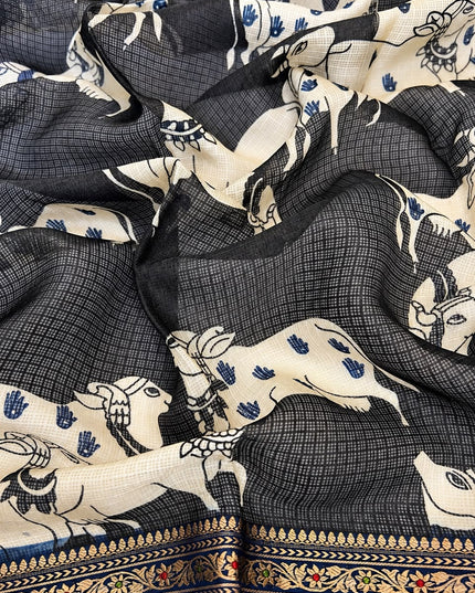 Pure Silk Kota Saree With pichwai Print and Small Kanchi Border - Peacock Blue