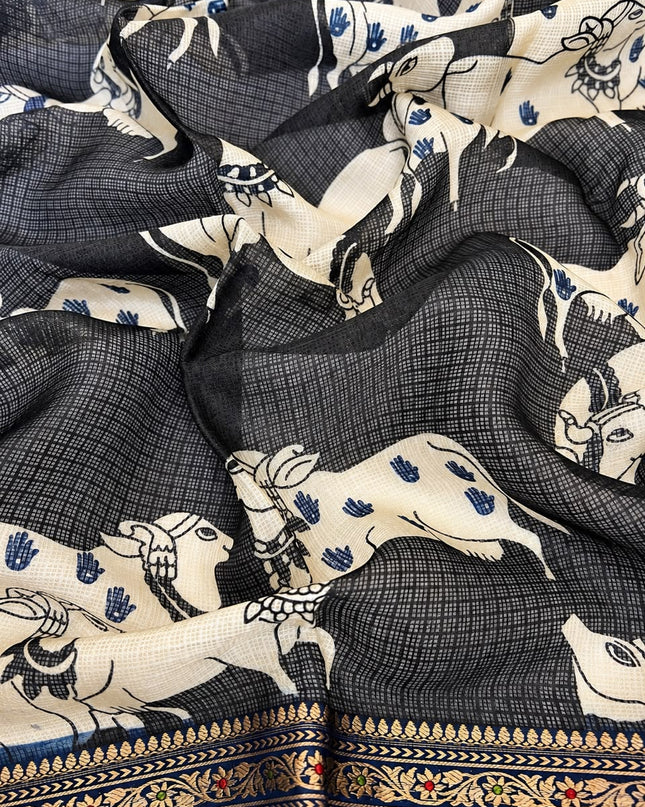 Pure Silk Kota Saree With pichwai Print and Small Kanchi Border - Peacock Blue