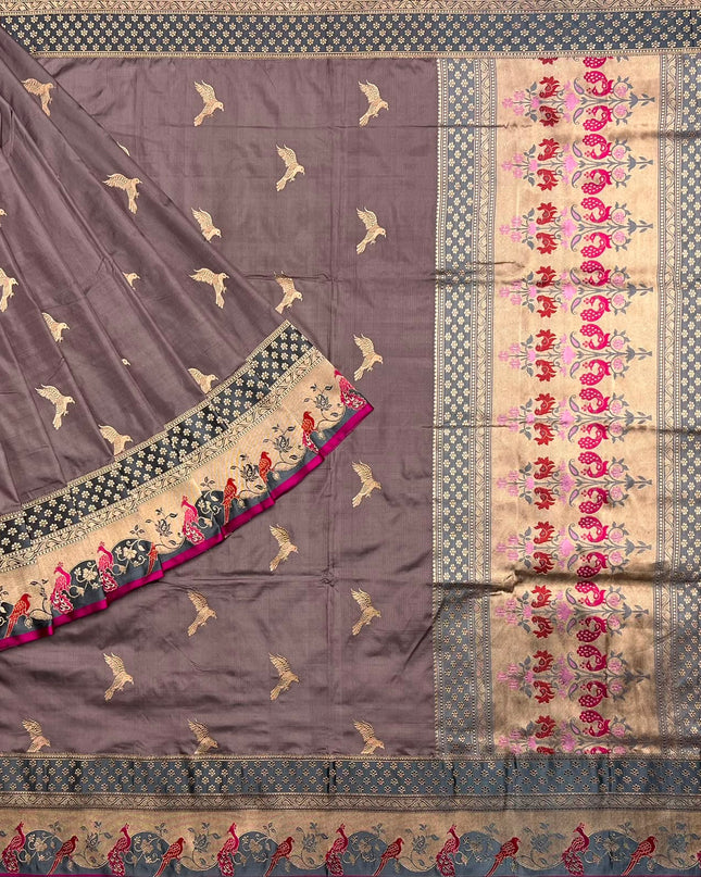 Kathan Silk Saree With All over Gold Zari Buttes and Golden Zari Weaving Border - Grey & Magenta