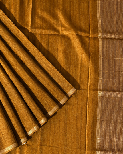 Tusser Silk Saree with Weaving Thread Stripes and  Small Golden Zari Border  - Brown