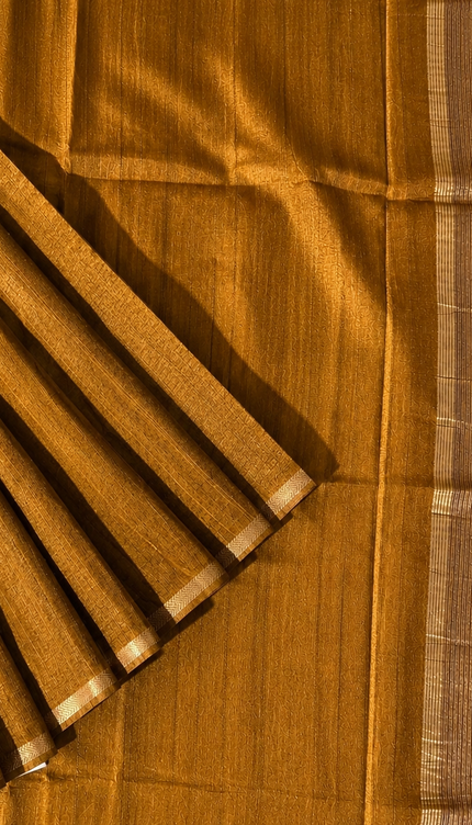 Tusser Silk Saree with Weaving Thread Stripes and  Small Golden Zari Border  - Brown