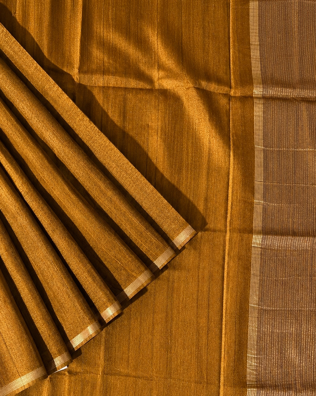 Tusser Silk Saree with Weaving Thread Stripes and  Small Golden Zari Border  - Brown