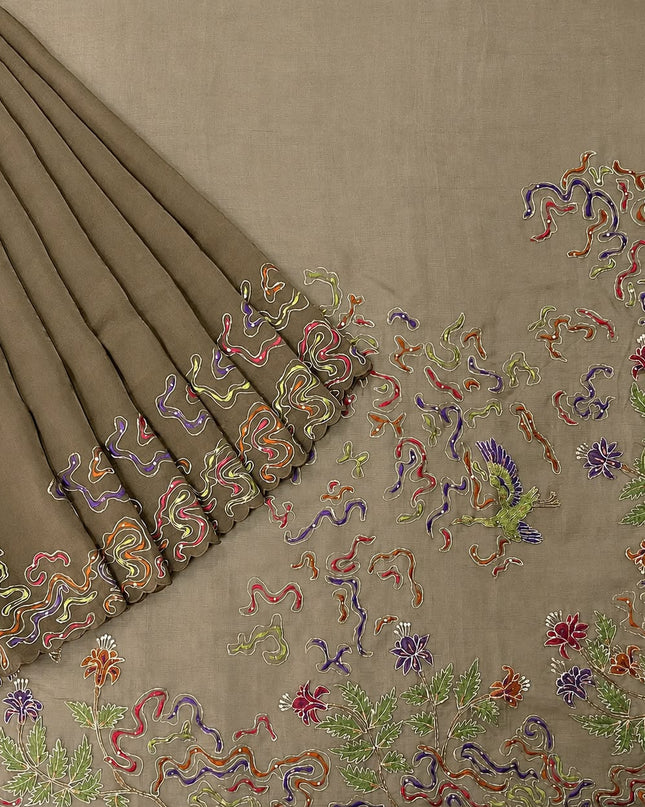 Soft Orznga Saree with Applique work And Peta Work with Scallop Border -  Brown