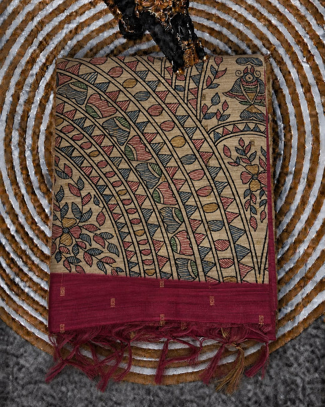 Tusser Saree With Floral Print  and small gold Buttes with and Golden Border  - Pink