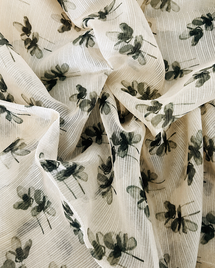 Silk Kota Saree with Floral Print and Lace  Border- Cream