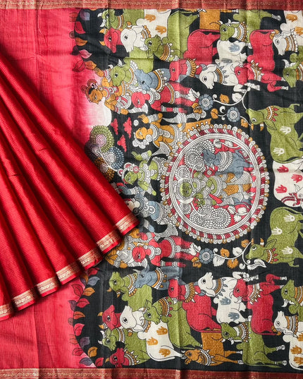 Pure Silk Kota Saree With pichwai Print and Small Kanchi Border - Red