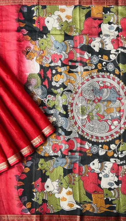 Pure Silk Kota Saree With pichwai Print and Small Kanchi Border - Red