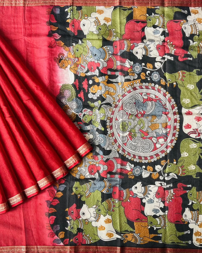 Pure Silk Kota Saree With pichwai Print and Small Kanchi Border - Red