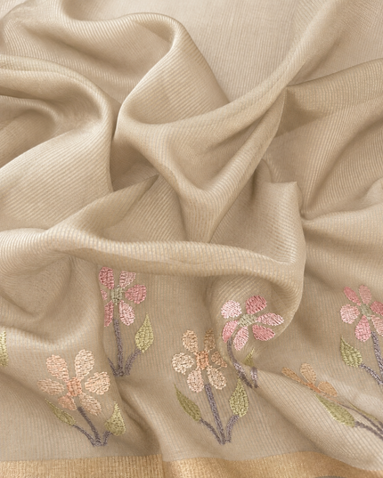 Chanderi Saree with Thread Embroidery Work and Contrast  Border-  Beige