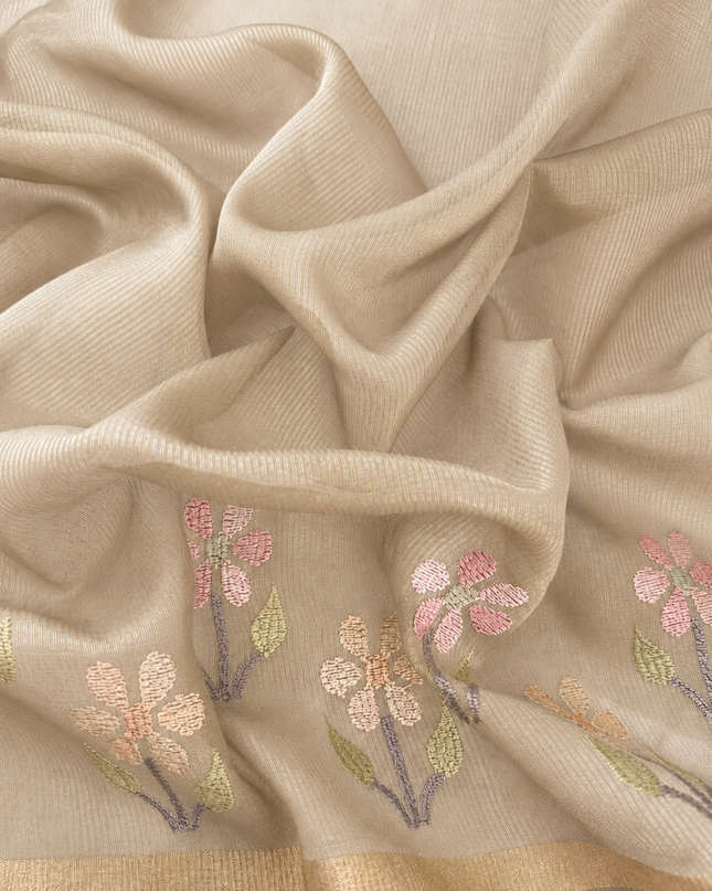Chanderi Saree with Thread Embroidery Work and Contrast  Border-  Beige