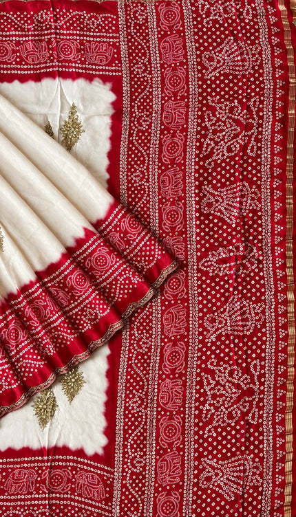 Gajji Silk  Bandhani Printed Saree with Embellished Running Blouse and Kardhana Scallop Border - Light Pink