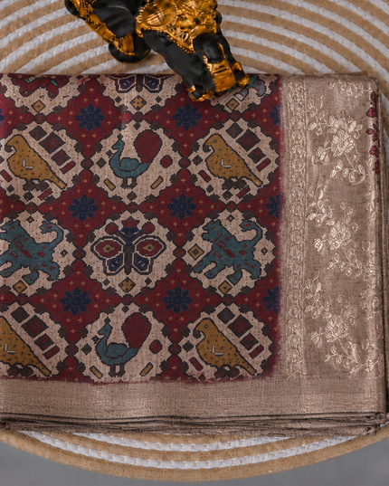 Tusser Silk Saree with Patola Print and Contrast Border - Tan