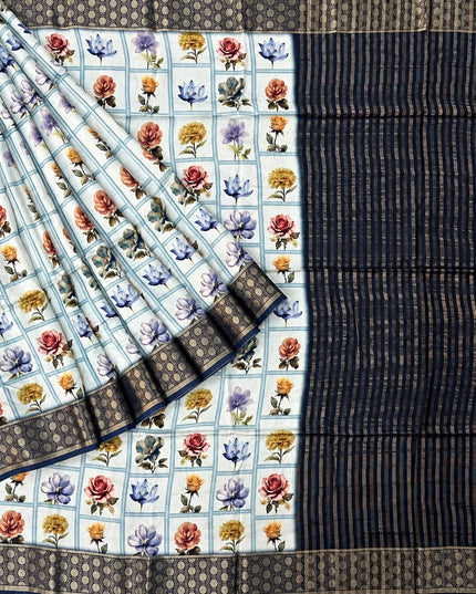 Crepe Saree with Allover Floral Print and Contrast Border- Light Blue