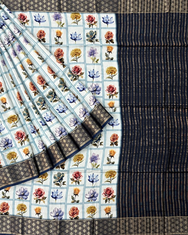 Crepe Saree with Allover Floral Print and Contrast Border- Light Blue