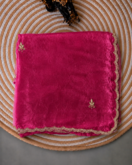 Space silk saree with Allover Karahan Butties Pearl Work and Scallop Border   -Pink