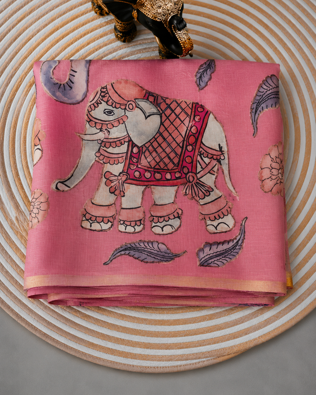 Linen Tissue Saree With Applique Work small Zari Border -  Onion Pink