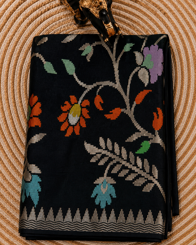 Chanderi  Silk Saree with All over Jamdani weaving style and golden Zari border - Black