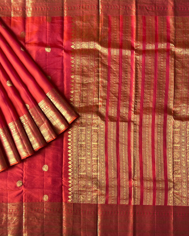 Pure Pattu Saree With Gold Peacock Buttes and Golden Border- Pink