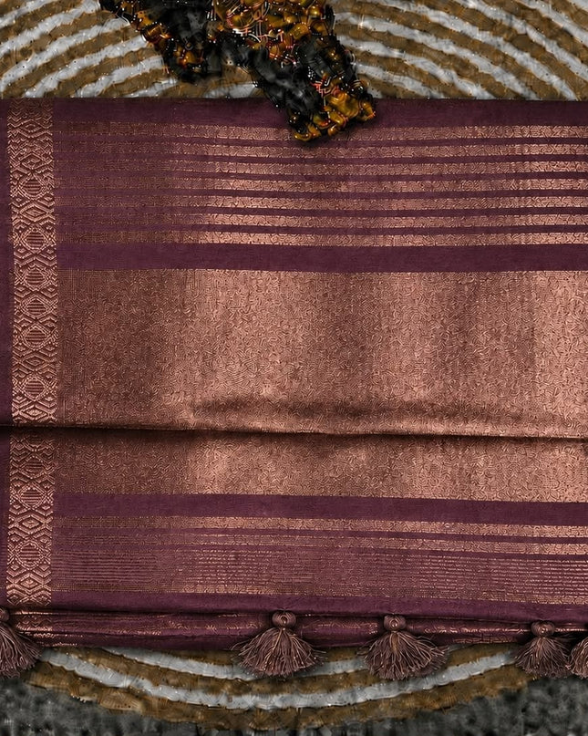 Tusser Tissue Saree With Kalamkari Print and Small Zari Border - Light Pink