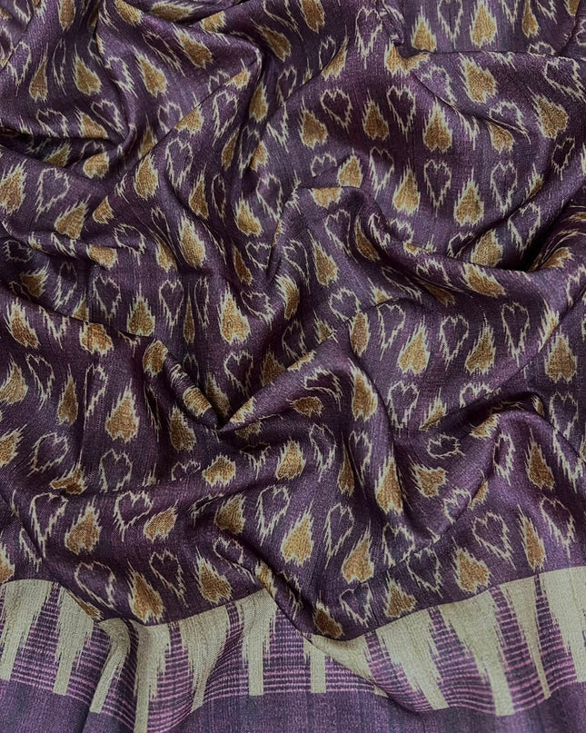 Tusser Silk Saree With Kalamkari Print and Contrast Border- Peacock Blue