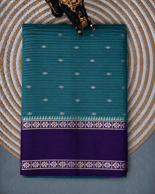 Munga Silk Saree With All over Oosi Design and Small Gold Butties  Contrast Border-  Greenpy