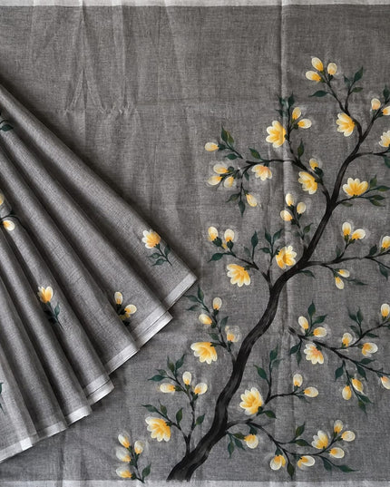 Mul cotton saree with Hand Painting  -  Grey