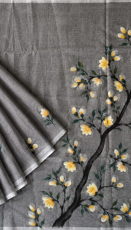 Mul cotton saree with Hand Painting  -  Grey