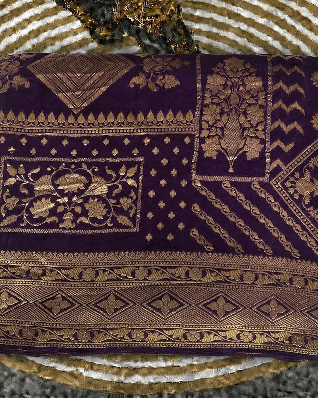 Munga Georgette saree with all over Antic Gold Zari Weaving  - violet