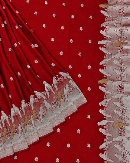 Mashru Banaras saree with Silver butties and Silver Kaddi border - Red