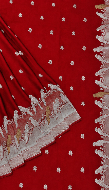 Mashru Banaras saree with Silver butties and Silver Kaddi border - Red
