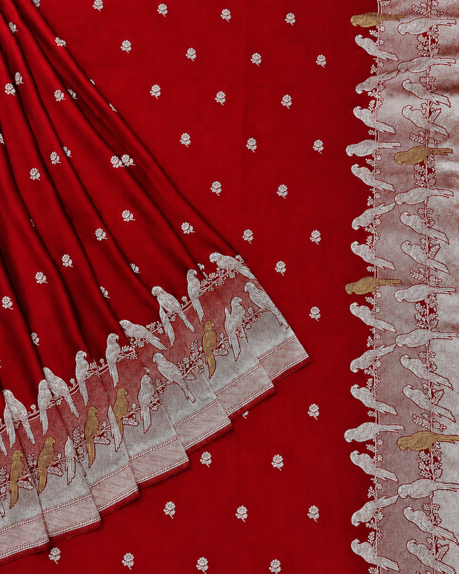 Mashru Banaras saree with Silver butties and Silver Kaddi border - Red