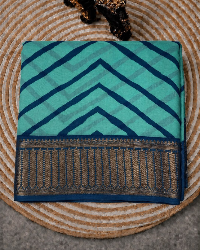 Maheshwari Silk With Zig Zag Print and Antic Zari Border  - Sky Blue