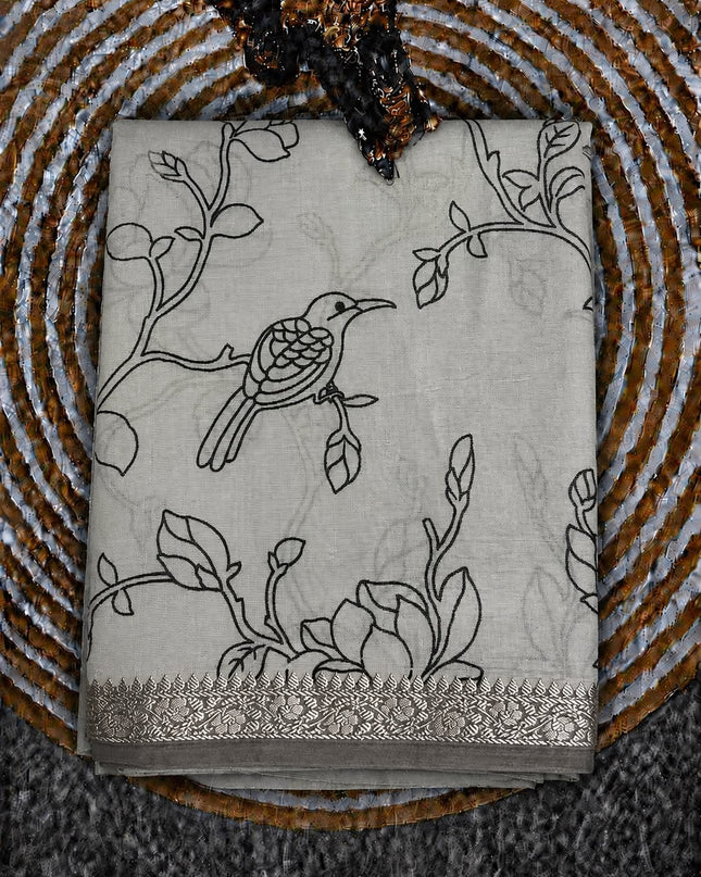 Mul Tissue Saree With Floral Print Small Kanchi Border- White & Grey
