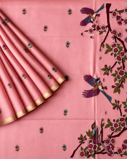Linen Saree with Allover Thread Weaving Butties and Golden Border -Pink